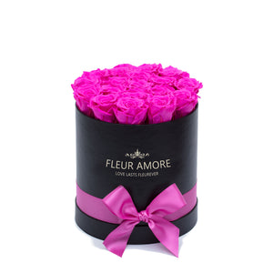Hot Pink Preserved Roses | Small Round Black Huggy Rose Box
