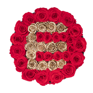 Gold Letter " E " Preserved Roses | Medium Round Black Huggy Rose Box