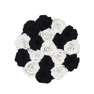Black & White Preserved Roses | Small Round Black Huggy Rose Box