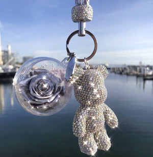 SILVER PRESERVED ROSE | SILVER CRYSTAL ROSE BEAR KEYCHAIN