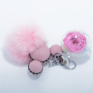 PINK PRESERVED ROSE | PINK FLUFFY BALL KEYCHAIN