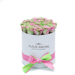 pink & Green Mix Preserved Roses | Medium Round White Huggy Rose Box