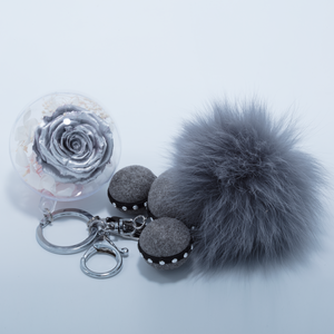 SILVER PRESERVED ROSE | GREY FLUFFY BALL KEYCHAIN