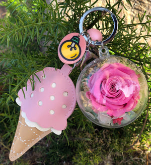 PINK PRESERVED ROSE | PINK ICE CREAM CONE KEYCHAIN
