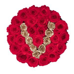 Gold Letter " V " Preserved Roses | Medium Round Black Huggy Rose Box