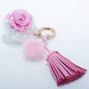 PINK PRESERVED ROSE | PINK BLUSH TASSEL AND FLUFFY BALL KEYCHAIN