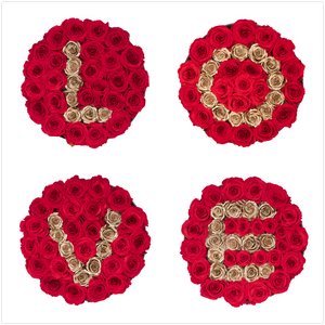 LOVE" Preserved Roses Letter | Set of Four Medium Round Black Huggy Rose Boxes