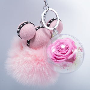 PINK PRESERVED ROSE | PINK FLUFFY BALL KEYCHAIN