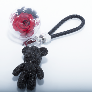 RED PRESERVED ROSE | BLACK CRYSTAL ROSE BEAR KEYCHAIN