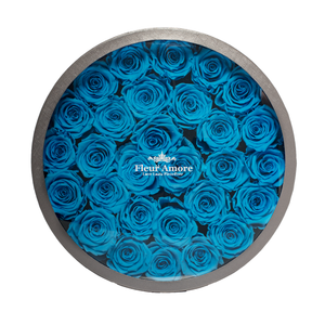 BLUE PRESERVED ROSES | LARGE ROUND CLASSIC GREY BOX