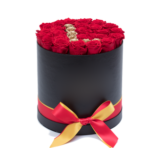 Gold Letter " L " Preserved Roses | Medium Round Black Huggy Rose Box
