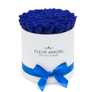 Royal Blue Preserved Roses | Medium Round White Huggy Rose Box