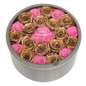 GOLD & PINK PRESERVED ROSES | LARGE ROUND CLASSIC GREY BOX