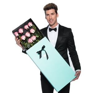 First Love | 9 Long Stem Pink Preserved Roses in Tiffany Blue Bouquet Box