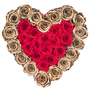 Red with One Gold Preserved Roses | Heart Black Huggy Rose Box