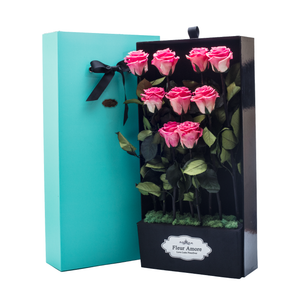First Love | 9 Long Stem Pink Preserved Roses in Tiffany Blue Bouquet Box