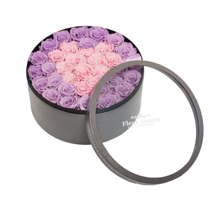 PINK HEART PRESERVED ROSES | LARGE ROUND CLASSIC GREY BOX