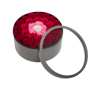 FADING RED PRESERVED ROSES | LARGE ROUND CLASSIC GREY BOX