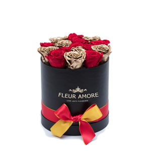 GOLD & RED MIX PRESERVED ROSES | SMALL ROUND BLACK HUGGY ROSE BOX