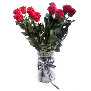 12 Long Stem Red Preserved Roses Luxury Bouquet In Glass Vase