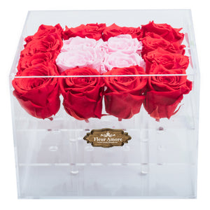 RED AND LIGHT PINK COLOR PRESERVED ROSES | MEDIUM ACRYLIC ROSE BOX