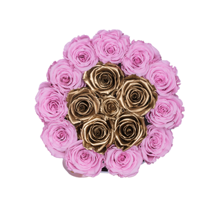 PINK & GOLD PRESERVED ROSES | SMALL ROUND WHITE HUGGY ROSE BOX