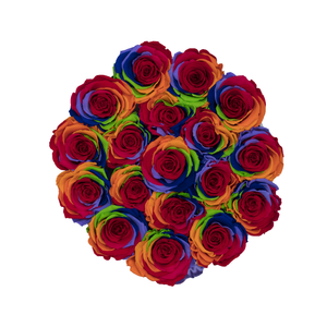 RAINBOW PRESERVED ROSES | SMALL ROUND WHITE HUGGY ROSE BOX