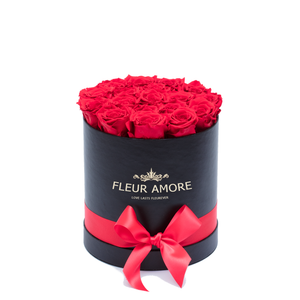 RED PRESERVED ROSES | SMALL ROUND BLACK HUGGY ROSE BOX