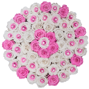 SPECIAL PINK AND & PRESERVED ROSES | LARGE ROUND WHITE HUGGY ROSE BOX