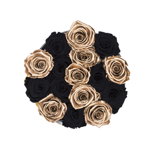 Gold & Black Preserved Roses | Small Round Black Huggy Rose Box