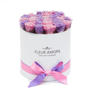 Light Pink & Light Purple Preserved Roses | Medium Round White Huggy Rose Box