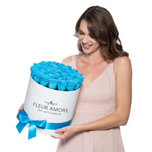 Blue Preserved Roses | Medium Round White Huggy Rose Box