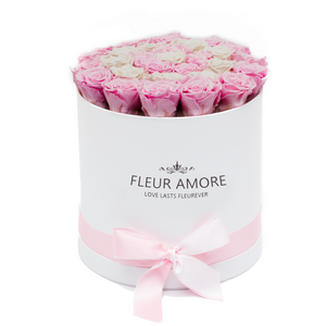 Light Pink & White Preserved Roses | Medium Round White Huggy Rose Box