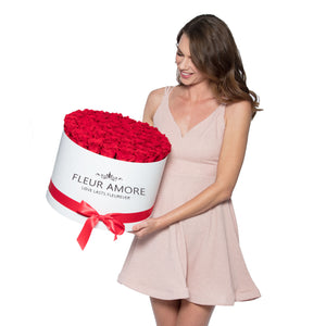 Red Preserved Roses | Large Round White Huggy Rose Box