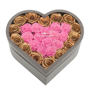 GOLD & PINK PRESERVED ROSES | LARGE HEART CLASSIC GREY BOX