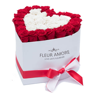 Red and White Preserved Roses | Heart White Huggy Rose Box