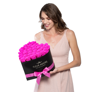 Hot Pink Preserved Roses | Heart Black Huggy Rose Box