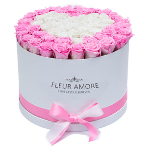 Pink and White Heart Preserved Roses | Large Round White Huggy Rose Box