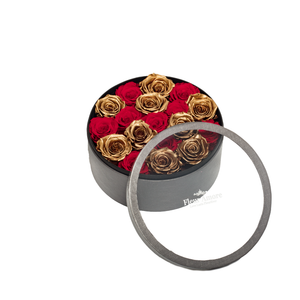 GOLD & RED PRESERVED ROSES | MEDIUM ROUND CLASSIC GREY BOX