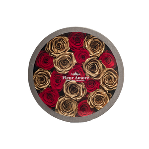 GOLD & RED PRESERVED ROSES | MEDIUM ROUND CLASSIC GREY BOX