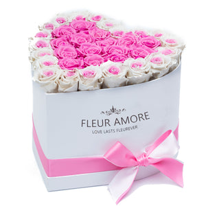 Special Pink and White Preserved Roses | Heart White Huggy Rose Box