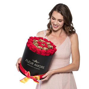 Red &Gold Circle Preserved Roses | Medium Round Black Huggy Rose Box