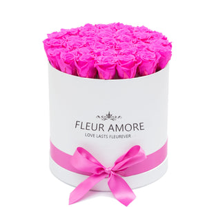 Hot Pink Preserved Roses | Medium Round White Huggy Rose Box