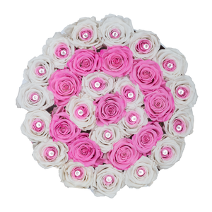 Special Pink & White Preserved Roses | Medium Round White Huggy Rose Box
