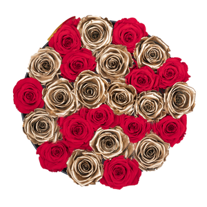 Red & Gold Mix Preserved Roses | Medium Round Black Huggy Rose Box