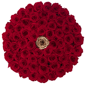 Red & Gold Preserved Roses | Large Round Black Huggy Rose Box