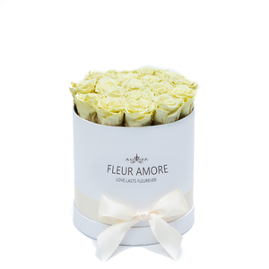 Light Yellow Preserved Roses | Small Round White Huggy Rose Box