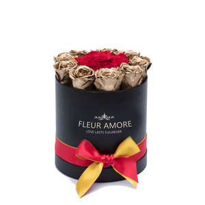 Gold & Red Preserved Roses | Small Round Black Huggy Rose Box