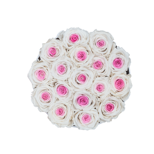 White & Pink Mix Preserved Roses | Small Round White Huggy Rose Box