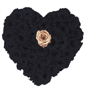 Black with One Gold Preserved Roses | Heart Black Luxury Rose Box